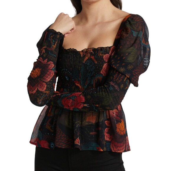 Farm Rio River Creatures Square Neck Dark Floral Chiffon Top Size Medium - Picture 1 of 6